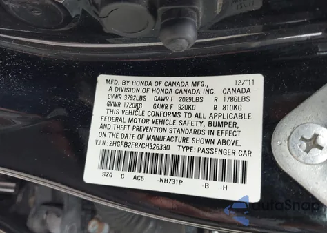 2012 Honda Civic Sdn Ex from USA, damaged, VIN 2HGFB2F87CH326330